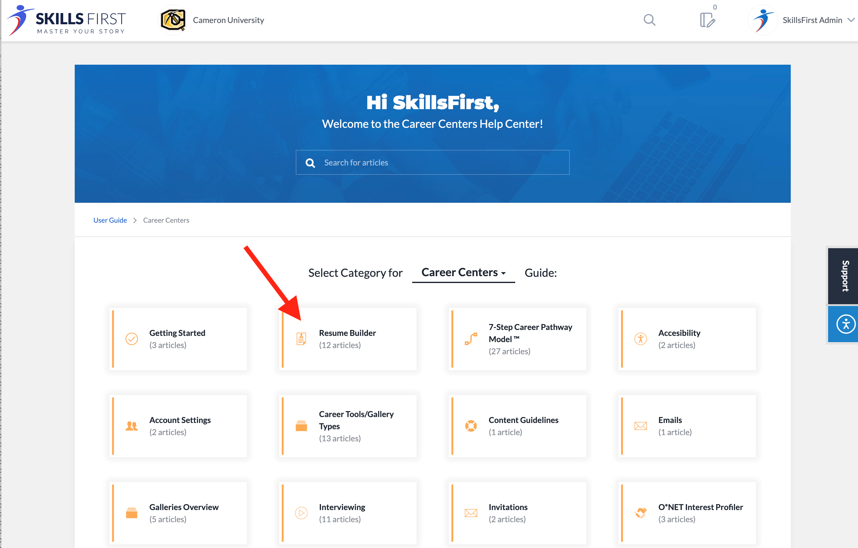 Skills First website click Resume Builder to get started