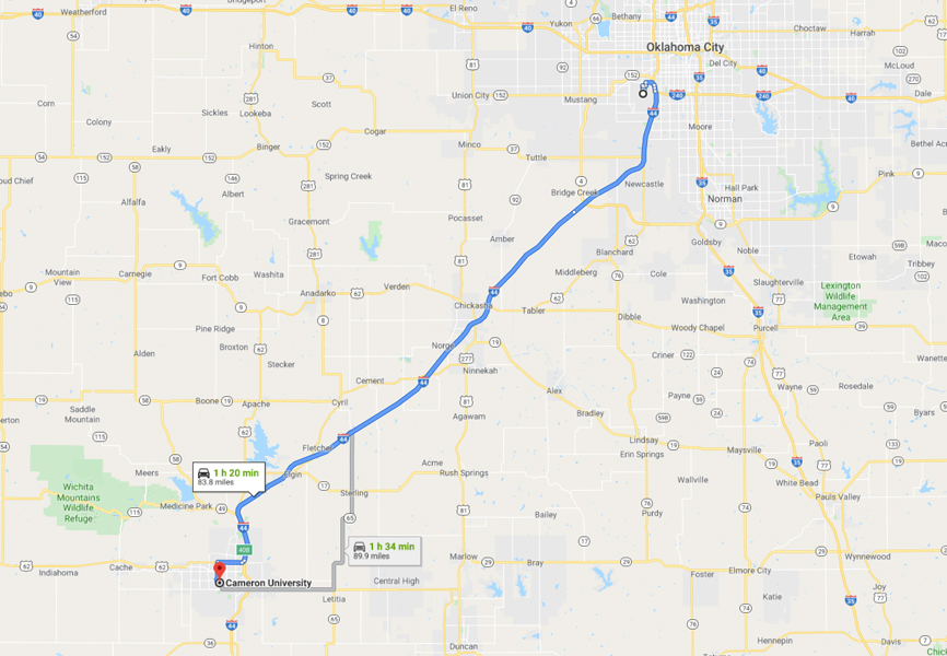Map from Will Rogers Airport to Lawton Oklahoma