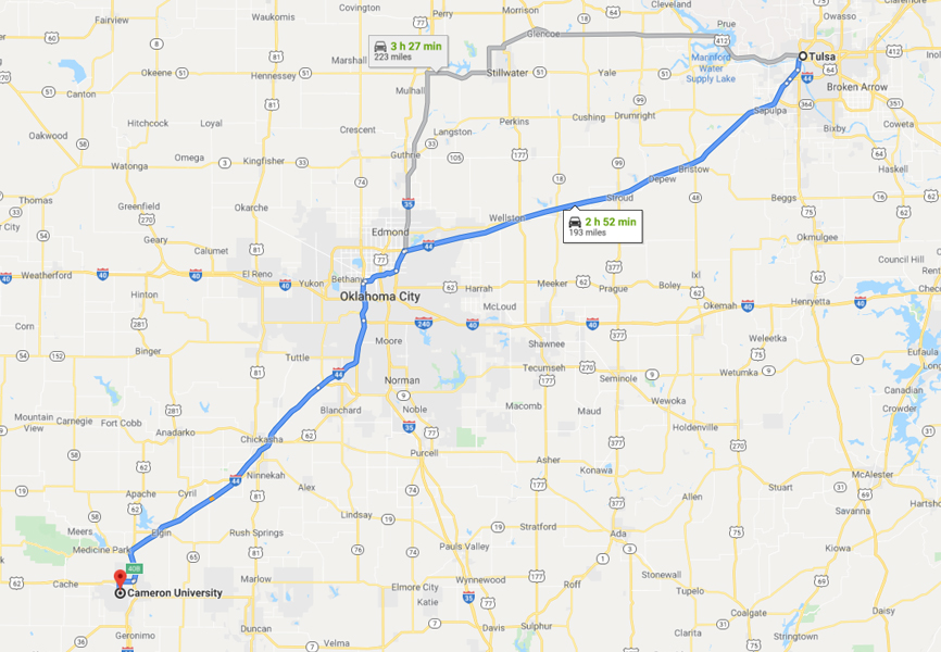 Map from Tulsa Oklahoma to Lawton Oklahoma