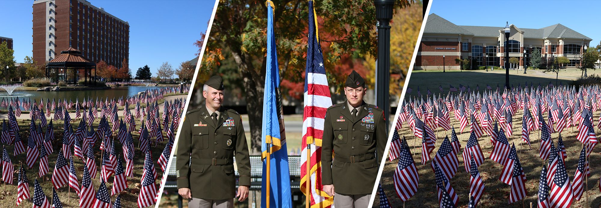 Photos of Flags on Campus and men in military uniforms