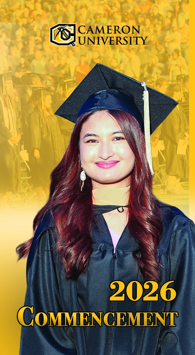 Girl wearing graduation cap and gown announcing Commencement ceremony