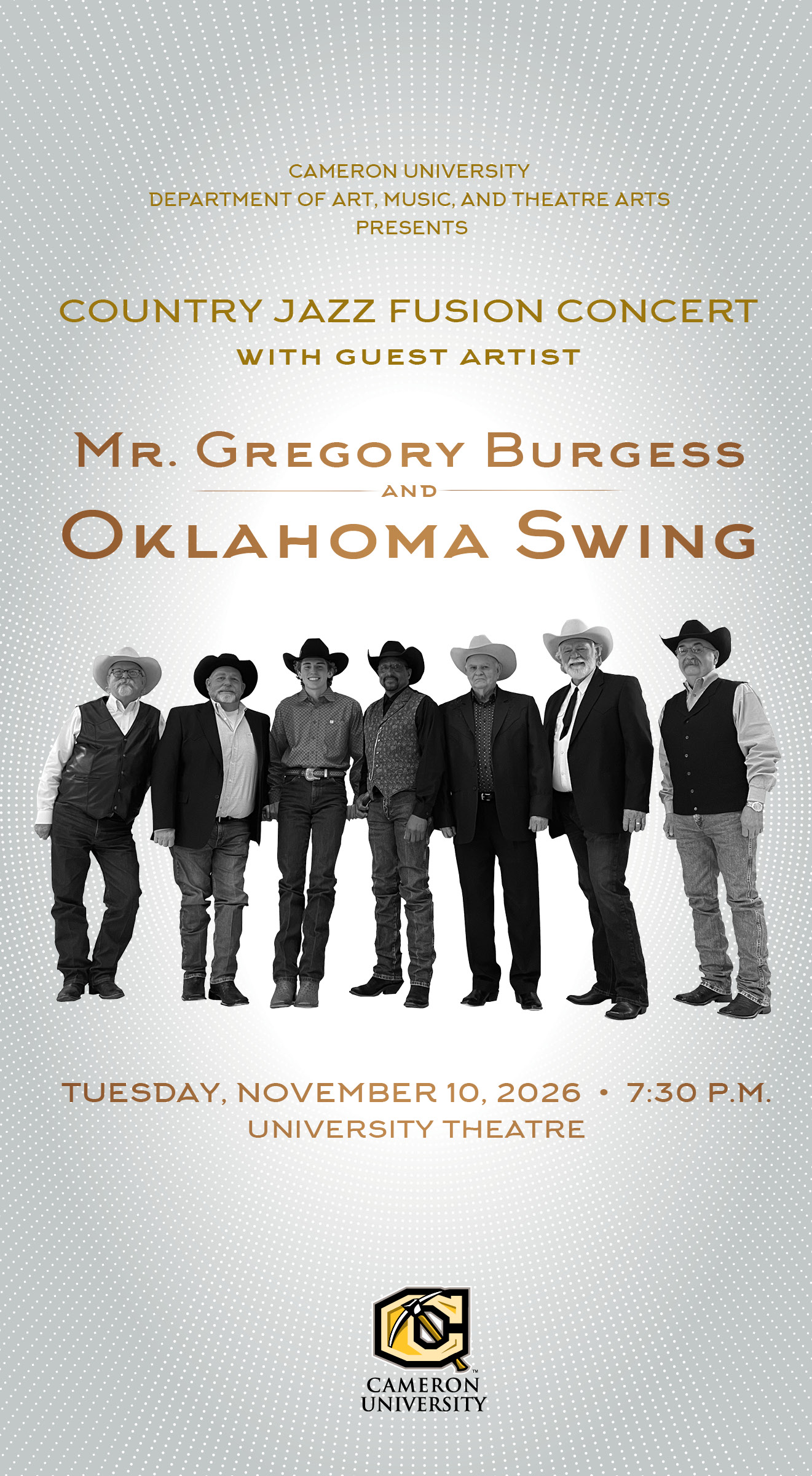 Gregory Burgess and Oklahoma Swing members with a gray background and Cameron University logo