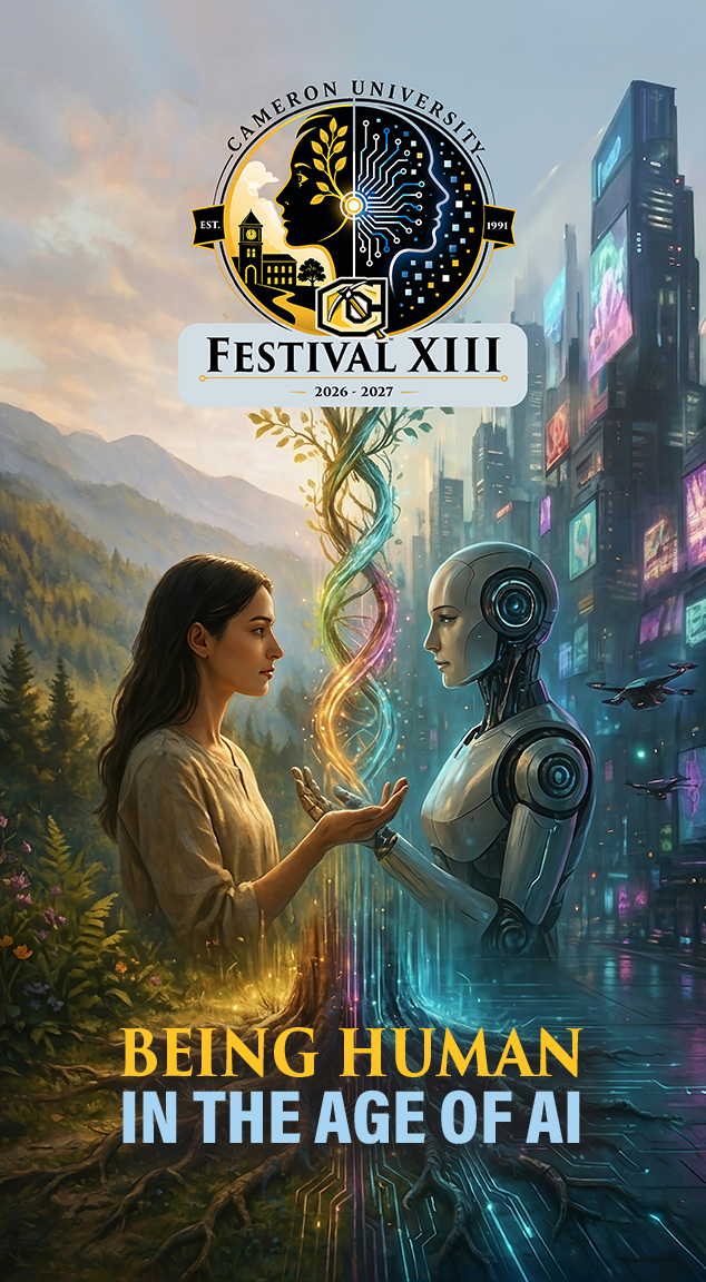 Image of woman standing with an AI created robotic figure announcing Festival XIII: Being Human in the Age of AI