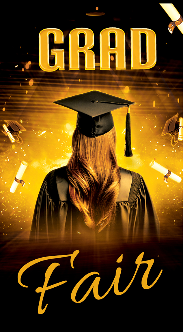 Young woman in graduation cap and gown, shown from behind