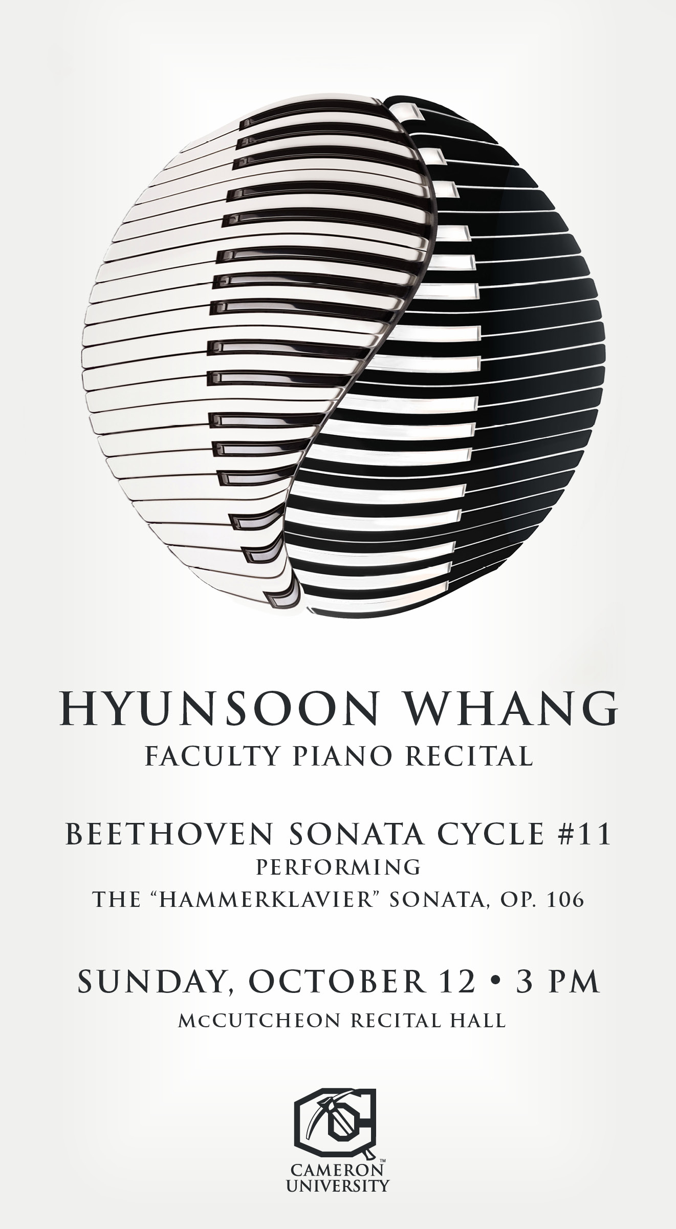 Hyunsoon Whang faculty recital
Beethoven performance cycle #11
performing the "Hammerklavier" Sonata, Op. 16
Sunday, October 12 3 pm.
McCutcheon Recital Hall