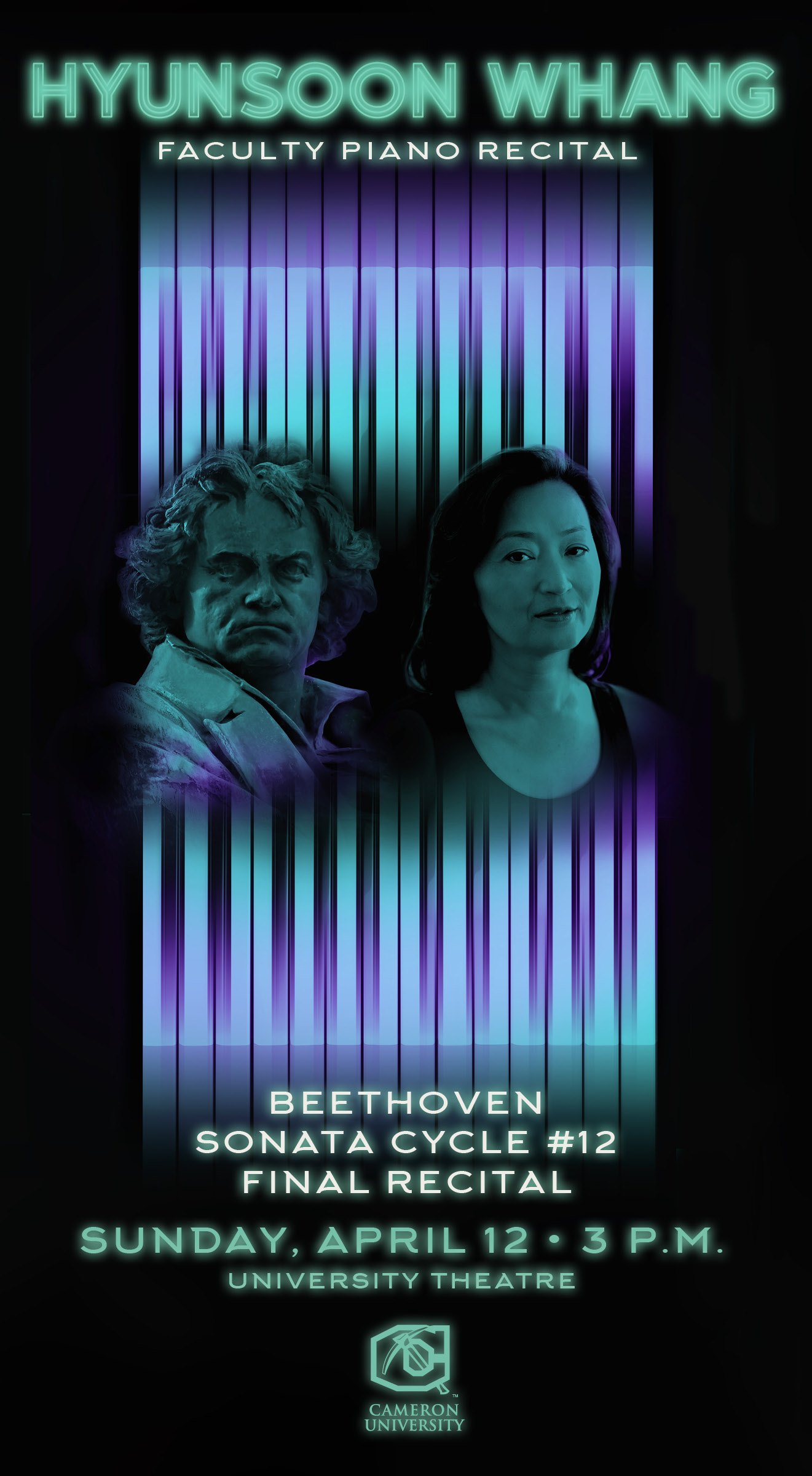 Hyunsoon Whang and Beethoven over piano keys announcing concert on Sunday, April 12, at 3 p.m. in the University Theatre.