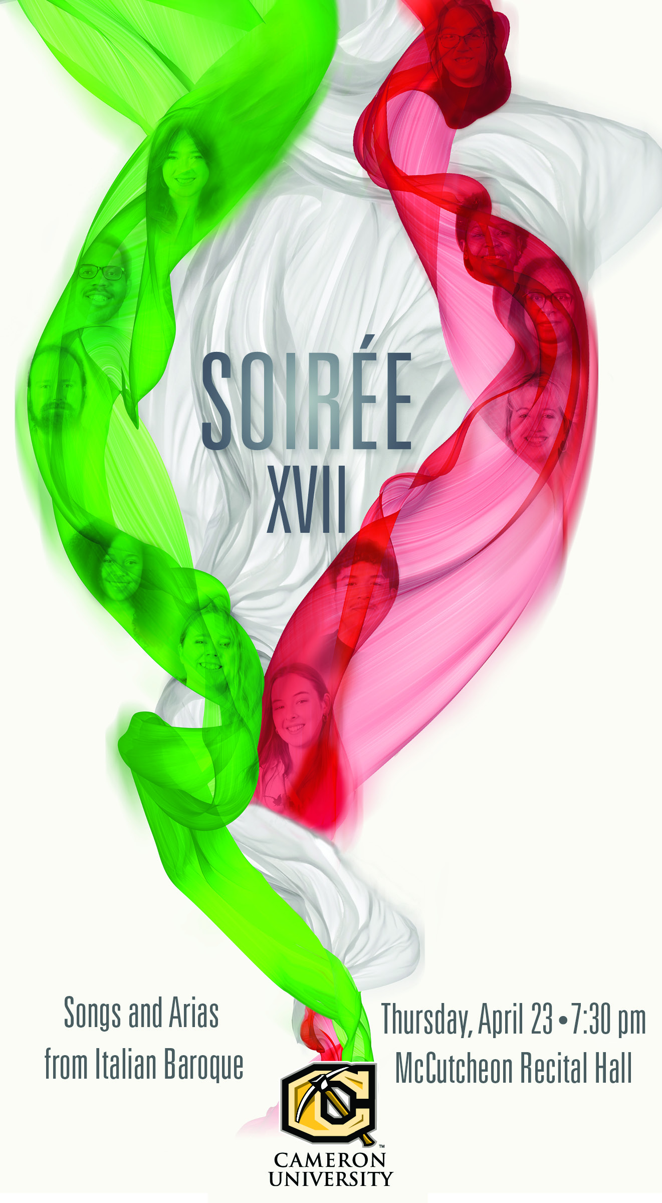 Ribbons of red, green, and white on cream background announcing Soiree XII Songs and Arias from Italian Baroque on Thursday, April 23, at 7:30 p.m. in the McCutcheon Recital Hall.