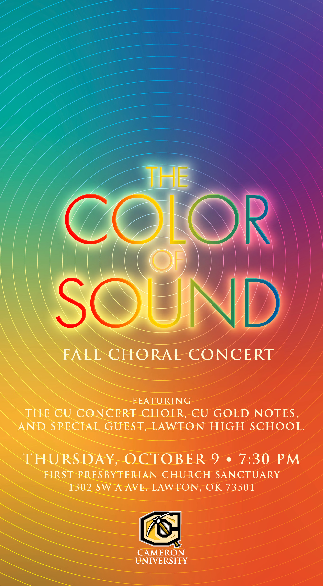 The Color of Sound fall choral concert
Thursday Oct 9 7:30 p.m. 
First Presbyterian Church Sanctuary
1302 S.W. A Ave, Lawton OK 73501