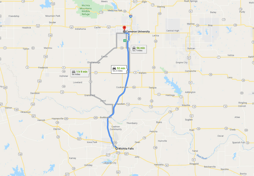 Map from Wichita Falls Texas to Lawton, OK